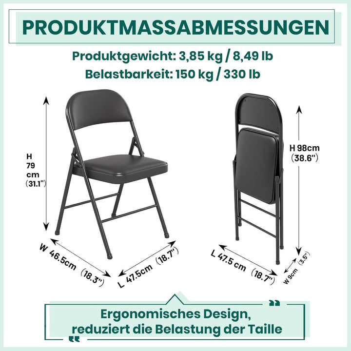 Klappstuhl mit PU-Leder &amp; Polsterung, Stabiler Metallrahmen, Leicht &amp; Platzsparend, für Büro, Zuhaus
