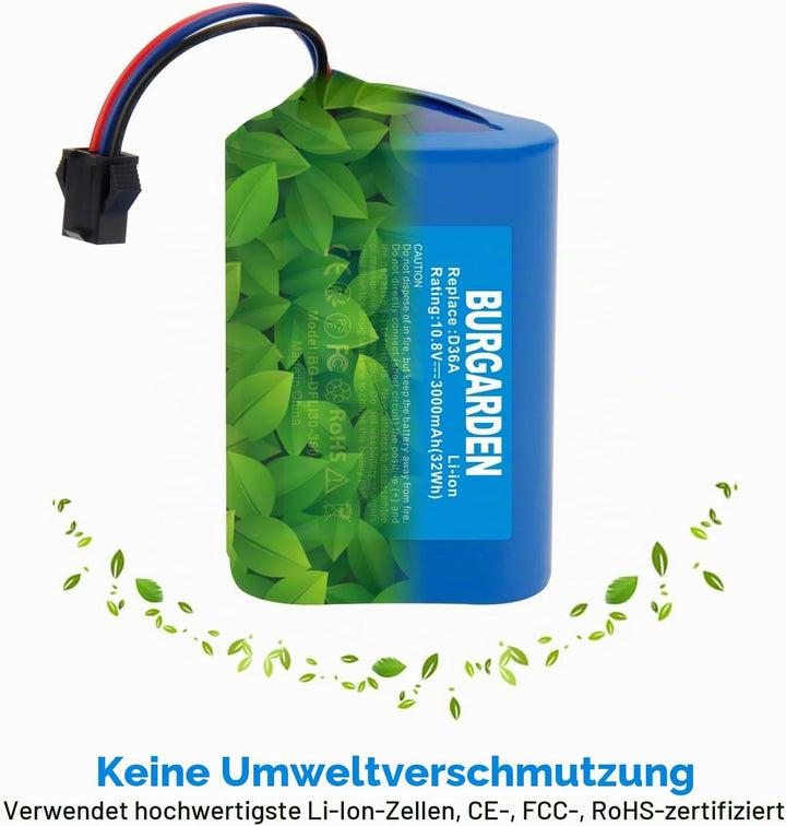 BURGARDEN 10.8V 3000mAh Li-ion Ersatzakku für Ecovacs D36A D36B D36C D36E DA60 DA611 DB35 Deebot Sli