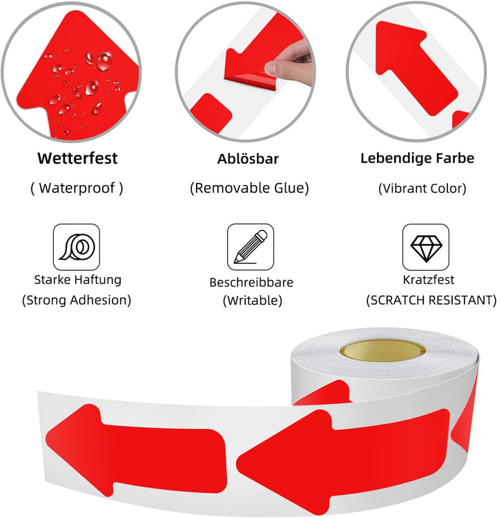 200 Stück Pfeil Aufkleber 5 x 10 cm Pfeile Bodenmarkierung Rolle Selbstklebend Boden Sticker Wetterf