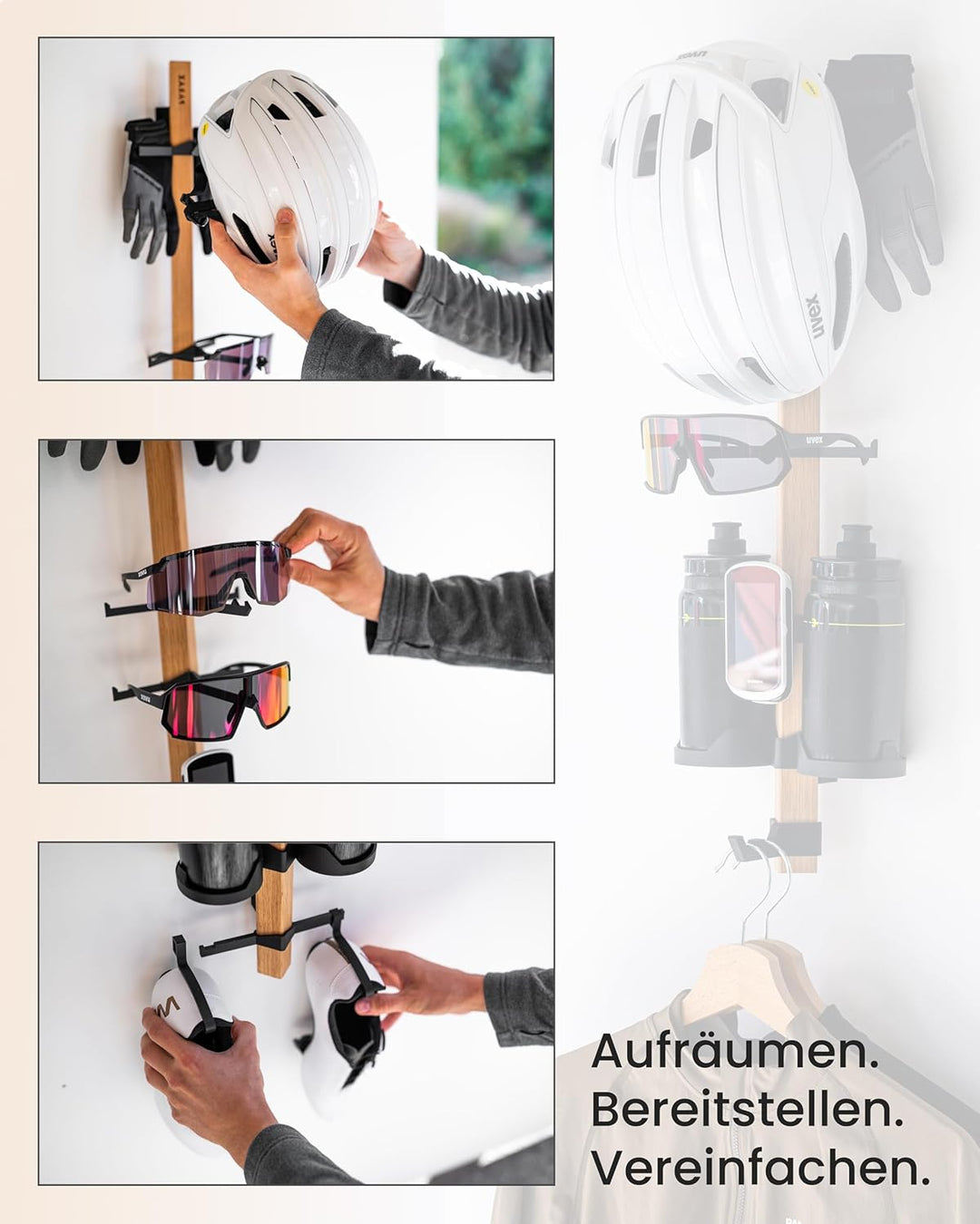 PARAX Gear-Rack Wand-Organizer für Fahrradzubehör aus Holz M: 60 cm M Set 2: Helm | 2x Brille | Abla