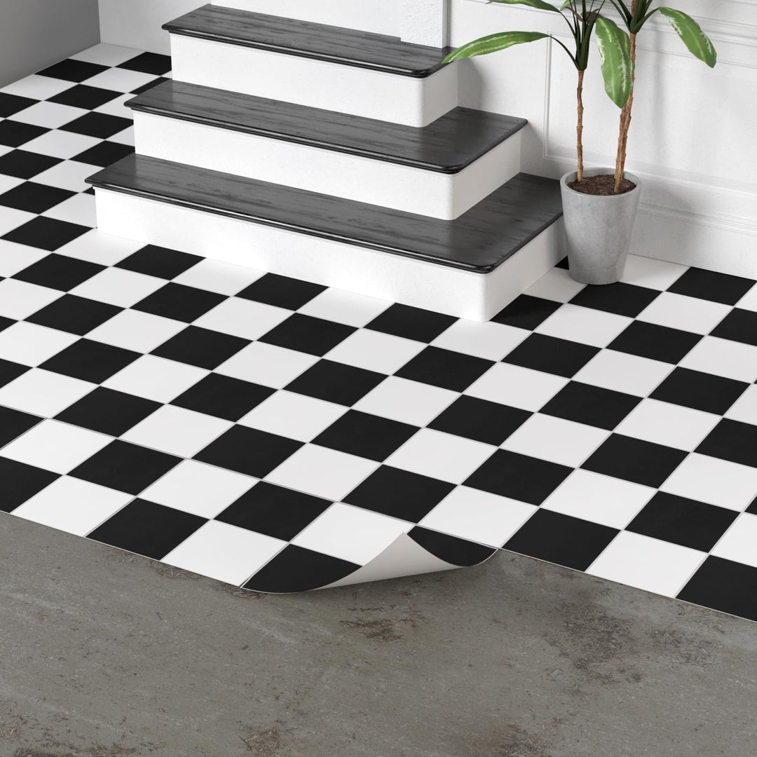 PVC Bodenbelag Selbstklebende Fliesen Schachbrettmuster 30x30 cm, Fliesenoptik Vinylboden Bodenflies
