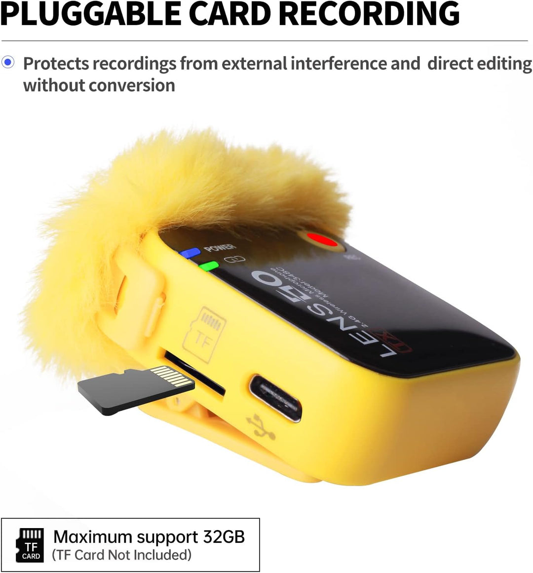 LENSGO 348C 2,4G Drahtloses Lavalier Mikrofon, 32GB TF-Kartensteckplatz kompakte Mikrofon Kabellos M