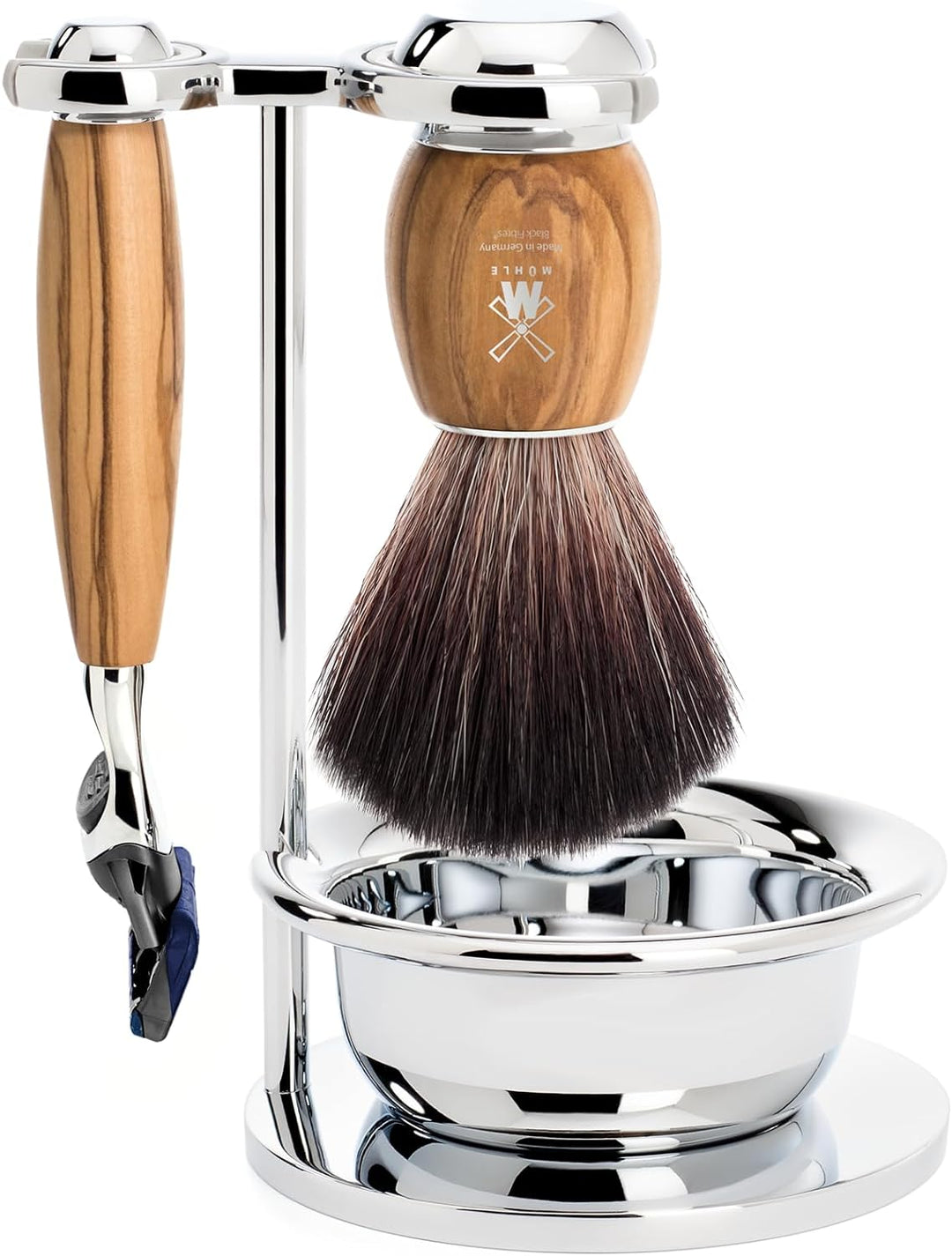 MÜHLE Vivo Rasierset kompatibel mit Gillette-Klingen, Pinsel Black Fibre, Halterung mit Schale, Oliv