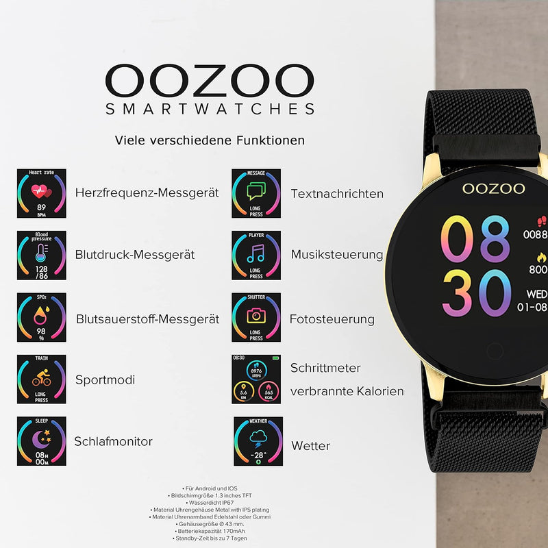 Oozoo Smartwatch Unisex Fitnessuhr (Gold/Schwarz Metall), Gold/Schwarz Metall