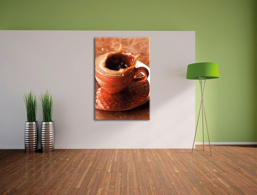 Kaffee spritzt aus Tasse, Format: 100x70 auf Leinwand, XXL riesige Bilder fertig gerahmt mit Keilrah