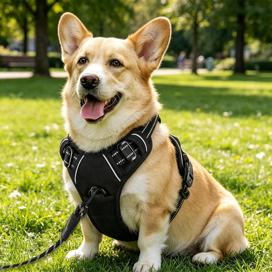 Hundegeschirr Atmungsaktiv Verstellbar mit Reflektierenden Streifen und Führungsleine für Spaziergän