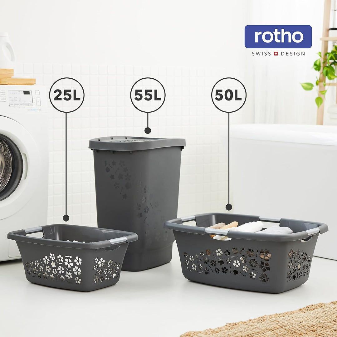 Rotho 3er-Set Wäschekorb Flowers 50l, Kunststoff (PP) BPA-frei, anthrazit, 3x50l, (65,1 x 49 x 26,2