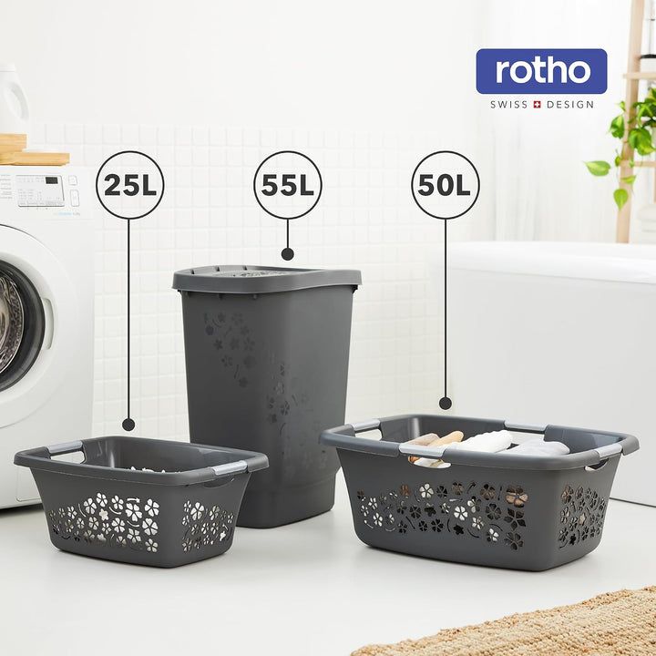 Rotho 3er-Set Wäschekorb Flowers 50l, Kunststoff (PP) BPA-frei, anthrazit, 3x50l, (65,1 x 49 x 26,2
