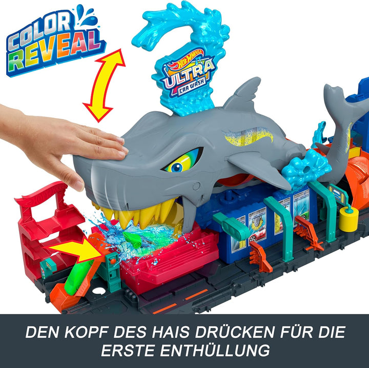 Hot Wheels Let's Race Netflix -City Spielzeugauto-Trackset, Ultimative Hai-Autowaschanlage mit Spiel