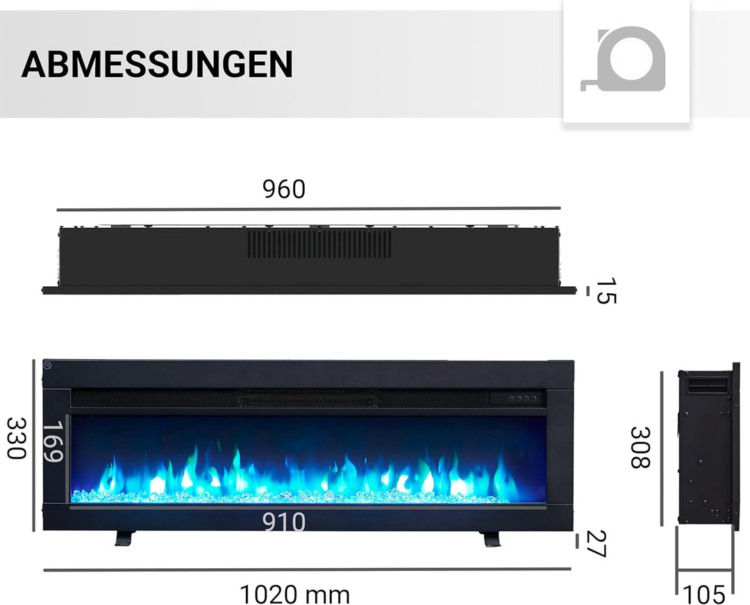 BALDERIA Elektrokamin Agnes 40" | 3in1 Elektrischer Stand-, Wand- oder Einbaukamin mit 3D-Flammeneff