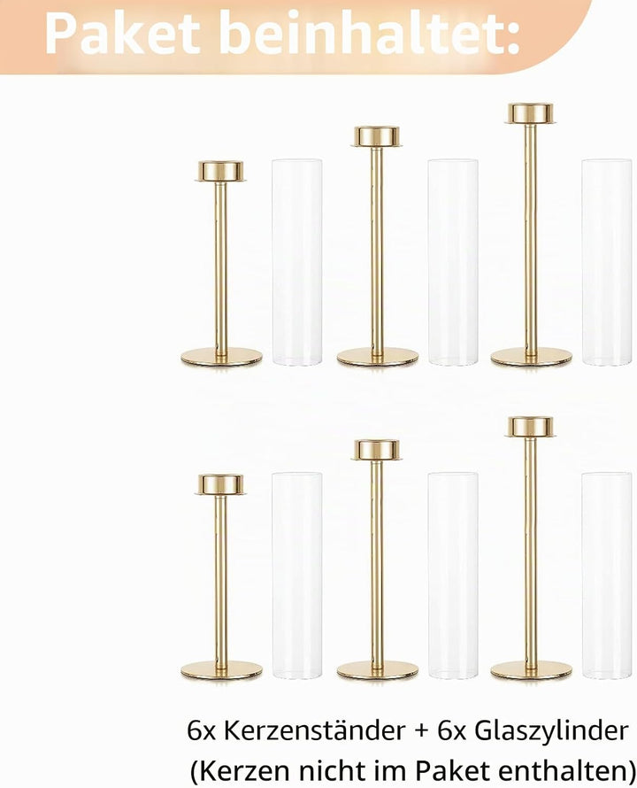 Nuptio Glaszylinder für Kerzen Kerzenhalter Gold: 60 &amp; 55 &amp; 50cm Gross Klarglas Metall Kerzenständer
