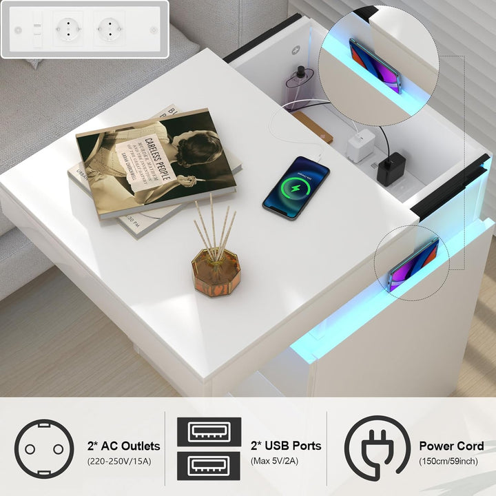 Nachttisch mit Steckdose, Nachtschrank mit Led Licht, Nachtkommode mit 3 Schubladen und Versteckte S