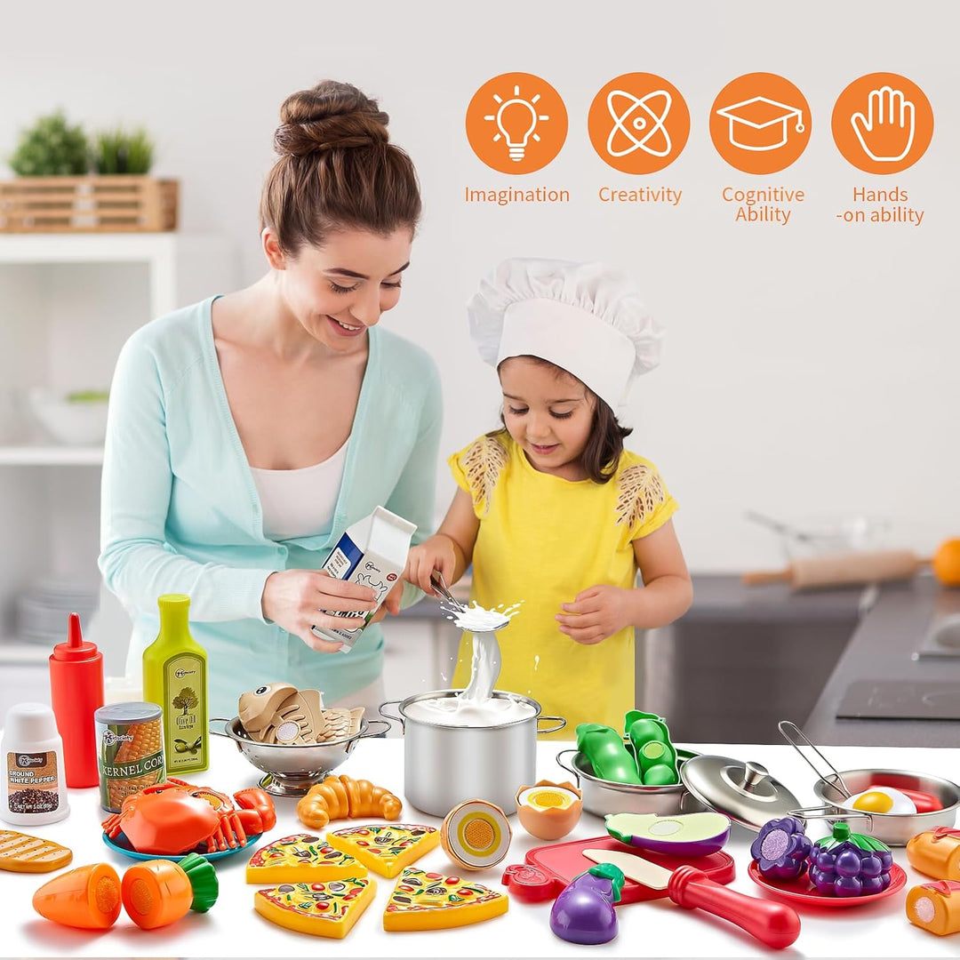Pretend Play Kitchen Accessories, 52pc Kids Kitchen Playset with Play Food, Stainless Steel Cookware