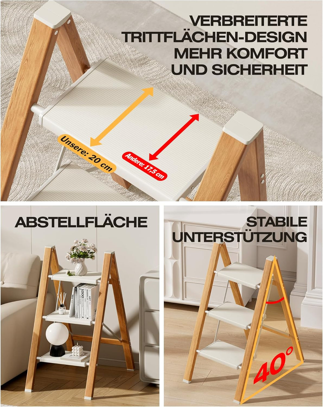 Trittleiter 3 Stufen klappbar,150 kg Kapazität mit Anti-Rutsch-Pedal,Tragbarer Tritthocker aus Alu,e