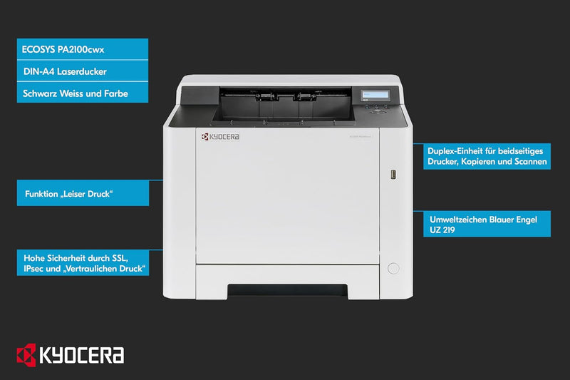 Kyocera Klimaschutz-System Ecosys PA2100cwx Laserdrucker. 21 Seiten pro Minute. WLAN Farblaserdrucke