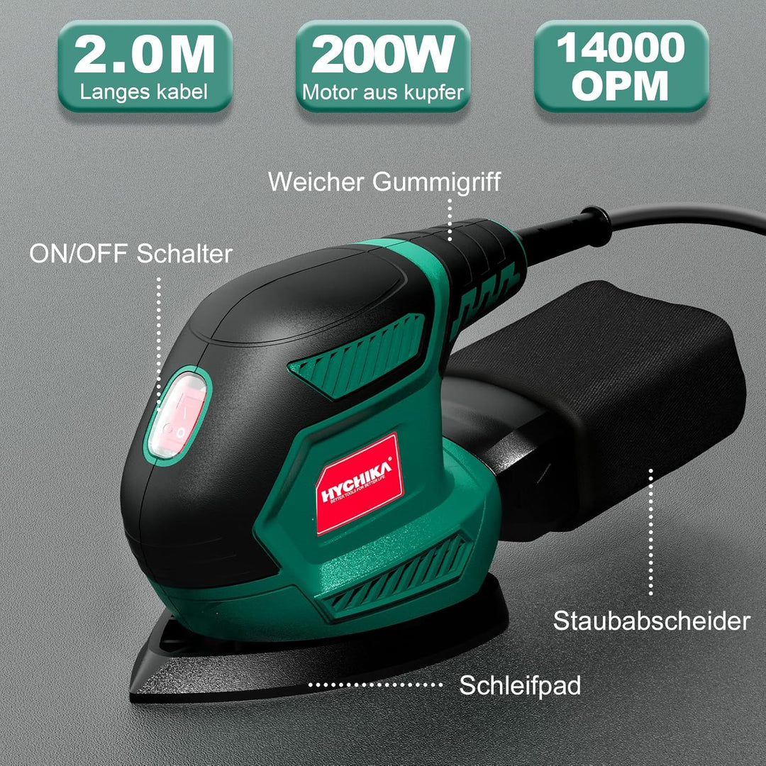 HYCHIKA Schwingschleifer, 200 W, 14000 U/min, dreieckiger Schleifer, vibrierend, mit 12 Schleifblätt