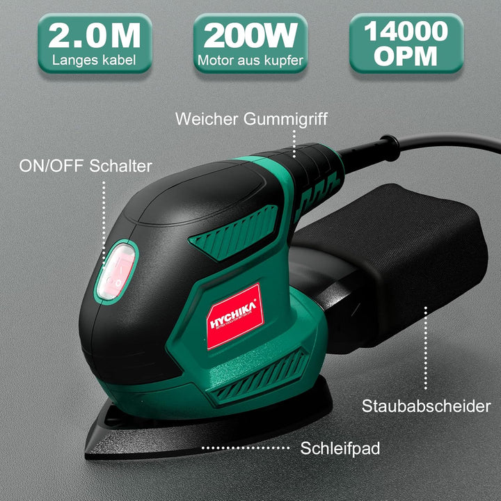 HYCHIKA Schwingschleifer, 200 W, 14000 U/min, dreieckiger Schleifer, vibrierend, mit 12 Schleifblätt