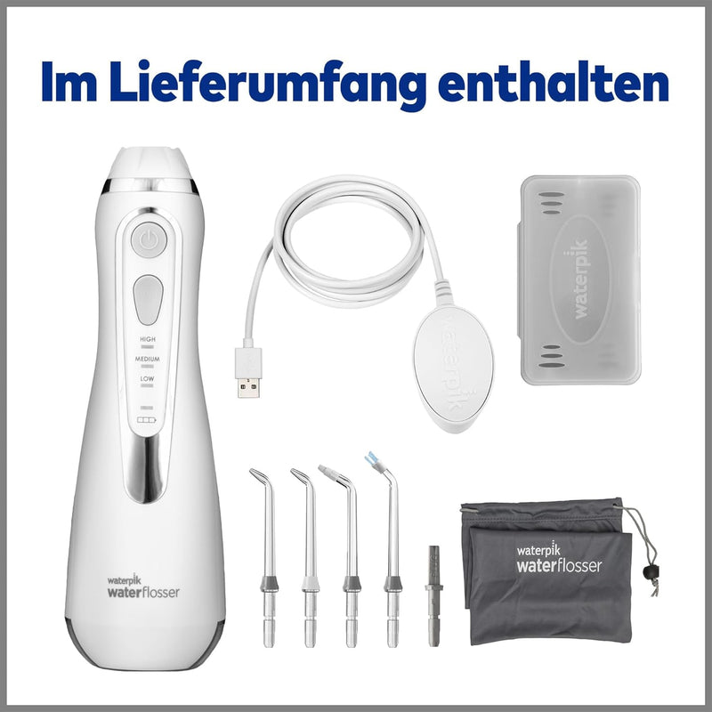 Waterpik Kabellose Munddusche Advanced, 4 Aufsätze, 3,1-5,2 bar Druckbereich, 3 Druckeinstellungen,