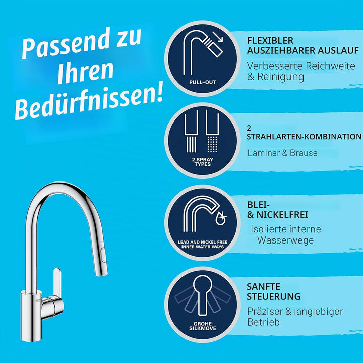 GROHE Get | Küchenarmatur - Einhand-Spültischbatterie, mit herausziehbarer Dual Spülbrause | C-Ausla