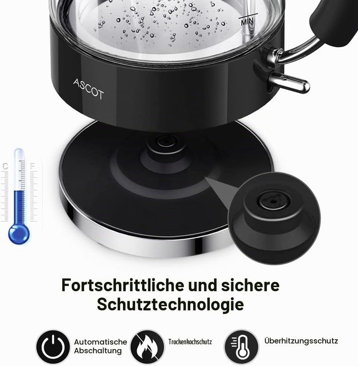 ASCOT Wasserkocher Glas, Elektrischer Wasserkocher Geschenke für Männer/Frauen 1,5L, Retro Leiser Sc