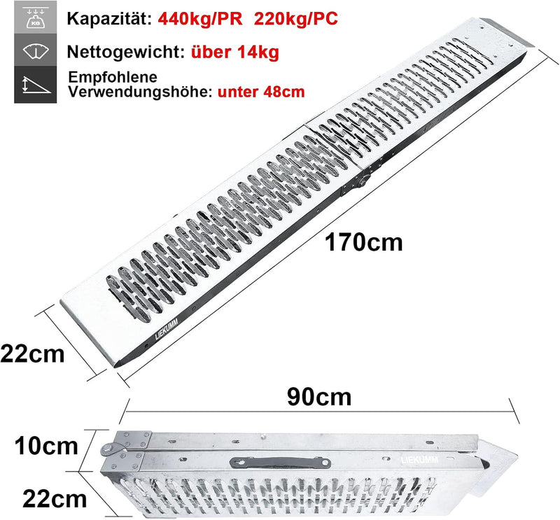 LIEKUMM 2X Auffahrrampe 440kg klappbar Laderampe, Stahl Verladerampe Laderampen für Anhänger Motorra