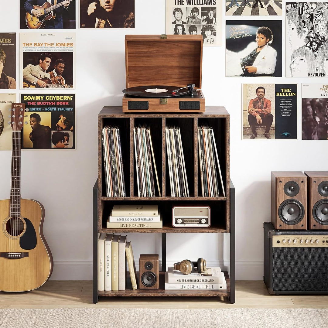 COSTWAY Plattenspielerständer, Vinyl Schallplattentisch mit breite Tischplatte, 4 Trennwänden &amp; unte