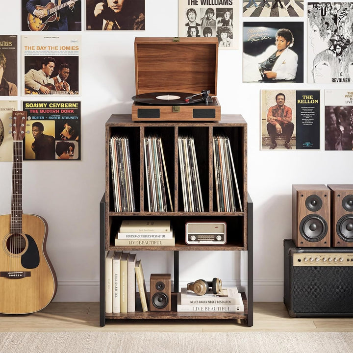 COSTWAY Plattenspielerständer, Vinyl Schallplattentisch mit breite Tischplatte, 4 Trennwänden &amp; unte