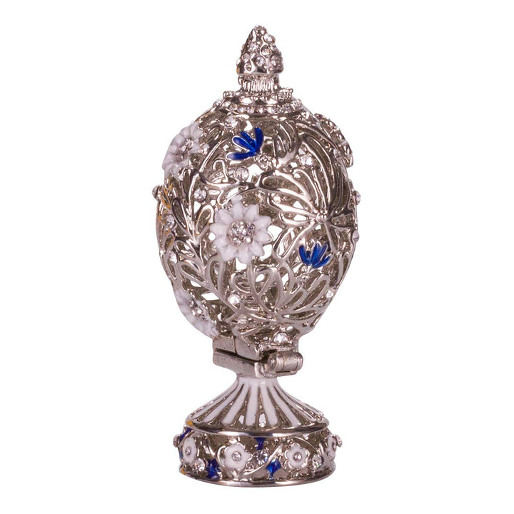 Fabergé-Stil geschnitzt Ei mit Blumen & Schmetterling 7 cm Silberne Farbe