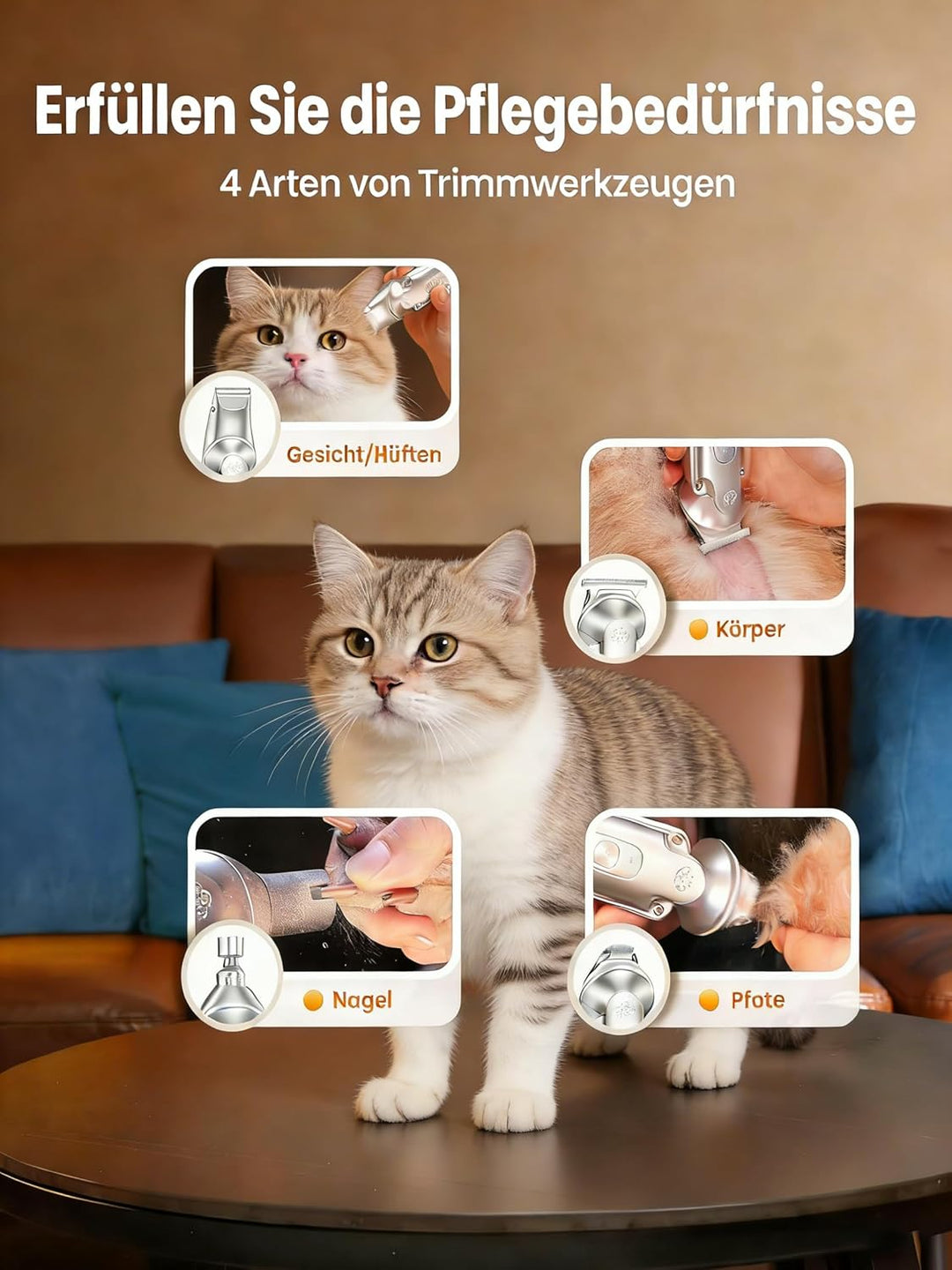 oneisall 4 in 1 Leise Schermaschine Hund Katze, 3-Gang Pfotentrimmer für Hunde bis zu 7000RPM, IPX7
