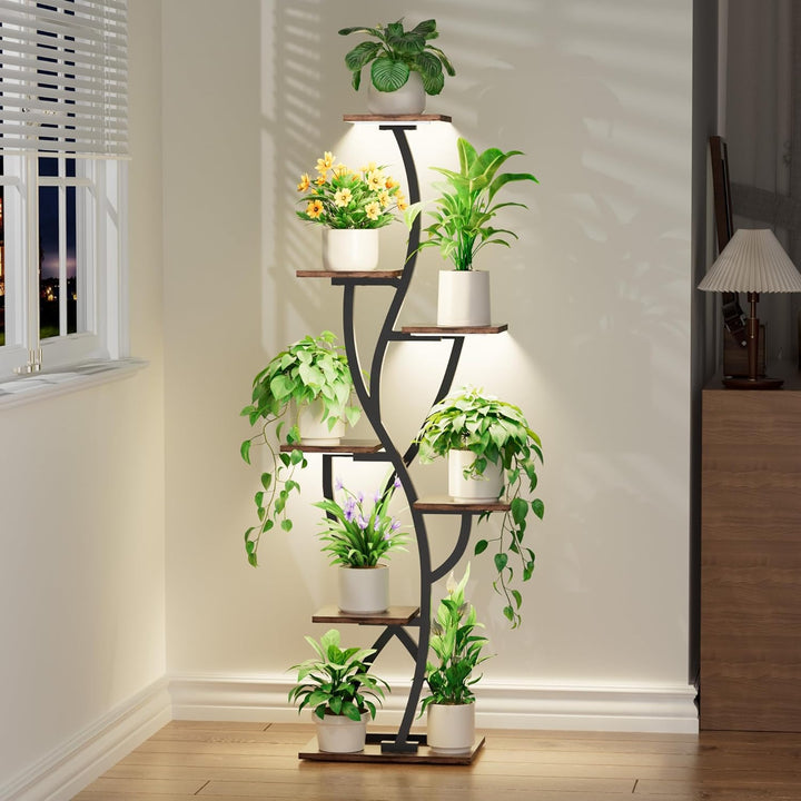 Pflanzenregal mit Wachstumslicht - 7 Ebenen Blumenständer 147cm Metall Holz Pflanzenständer - Innen