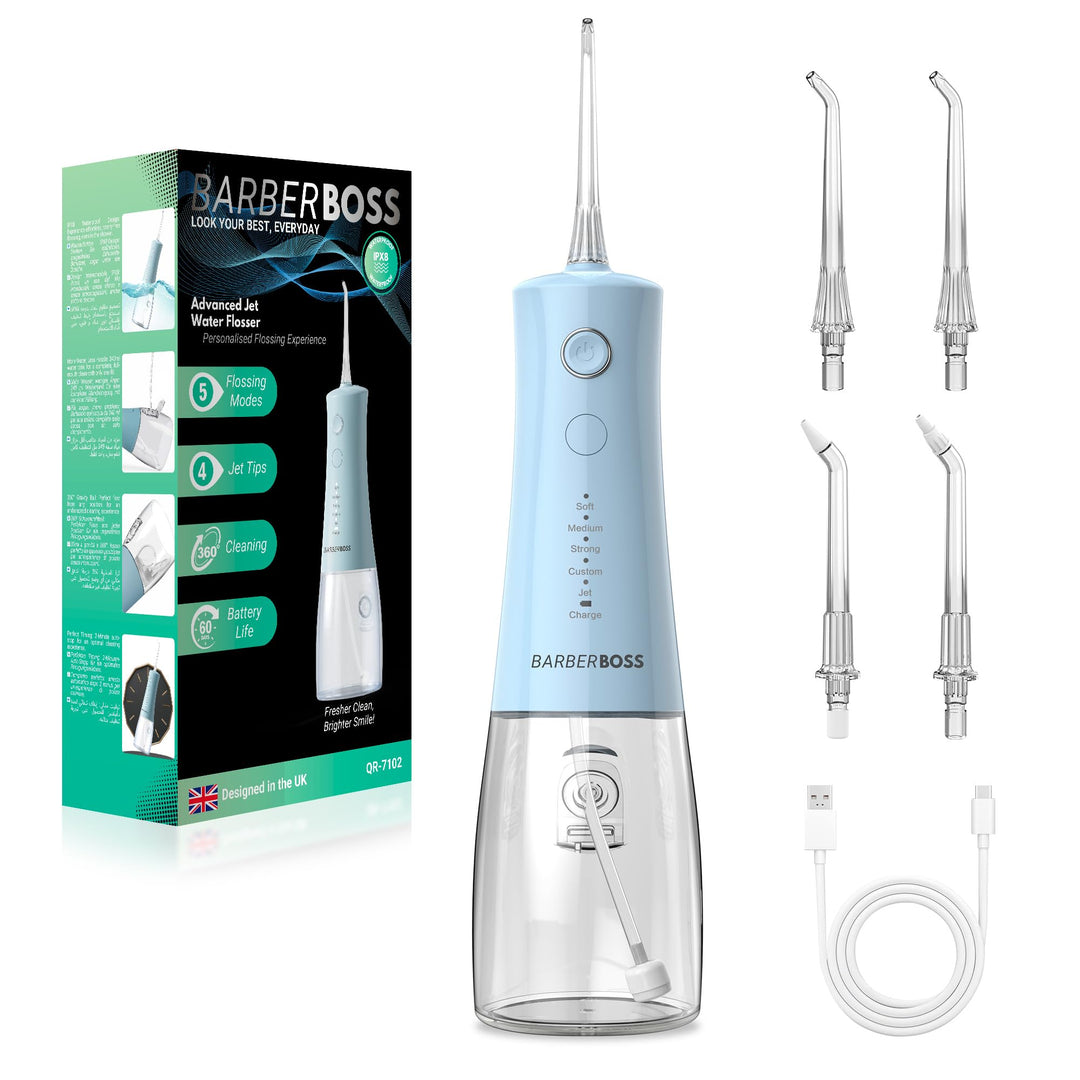 BarberBoss Munddusche Kabellos, elektrische Zahnseide mit 5 Druckmodi, IPX8 wasserdicht, tragbare Mu