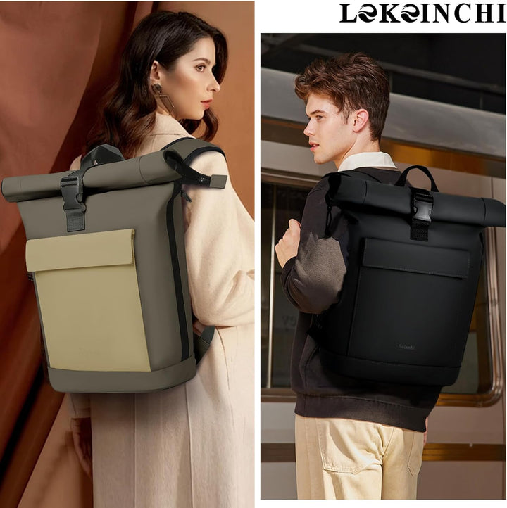 Lekeinchi Rolltop Rucksack Damen & Herren, Elegant Laptop Rucksack Wasserdicht mit 17 Zoll Laptopfac