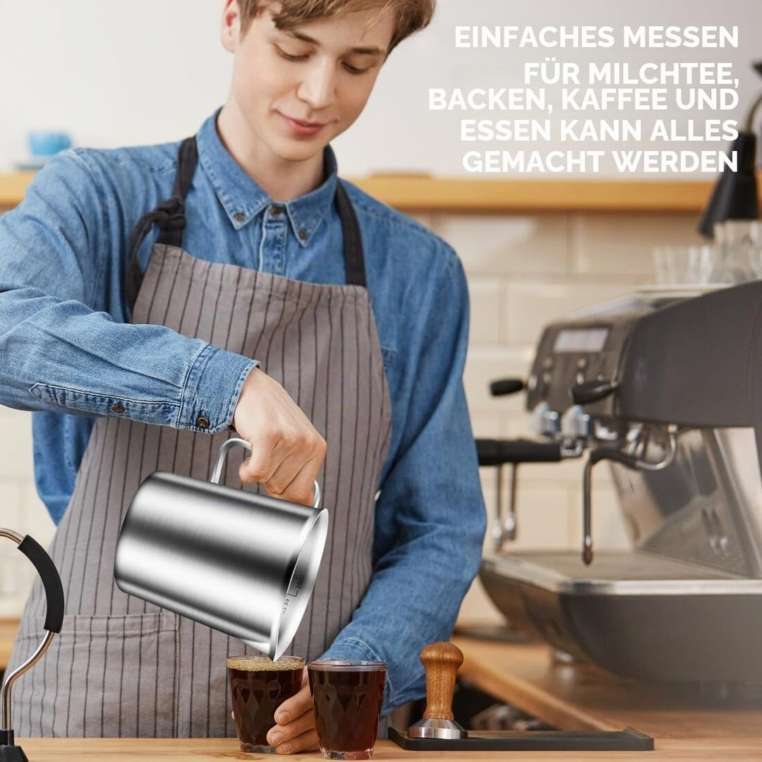 Messbecher Edelstahl 1L, Milchkännchen mit Markierung mit Griff, Messkanne Milk Pitcher, Milchaufsch
