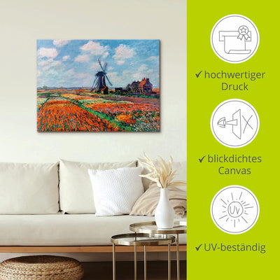 ARTland Leinwandbilder Wandbild Bild auf Leinwand 80x60 cm Wanddeko Idyll Dorf Windmühle Blumen Tulp