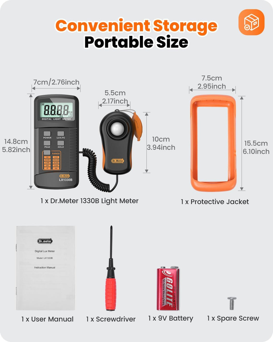 Dr.meter LX1330B Digital Luxmeter, 0-200.000 Messbereich Luxmeter mit 360° Drehbarem Sensor Beleucht