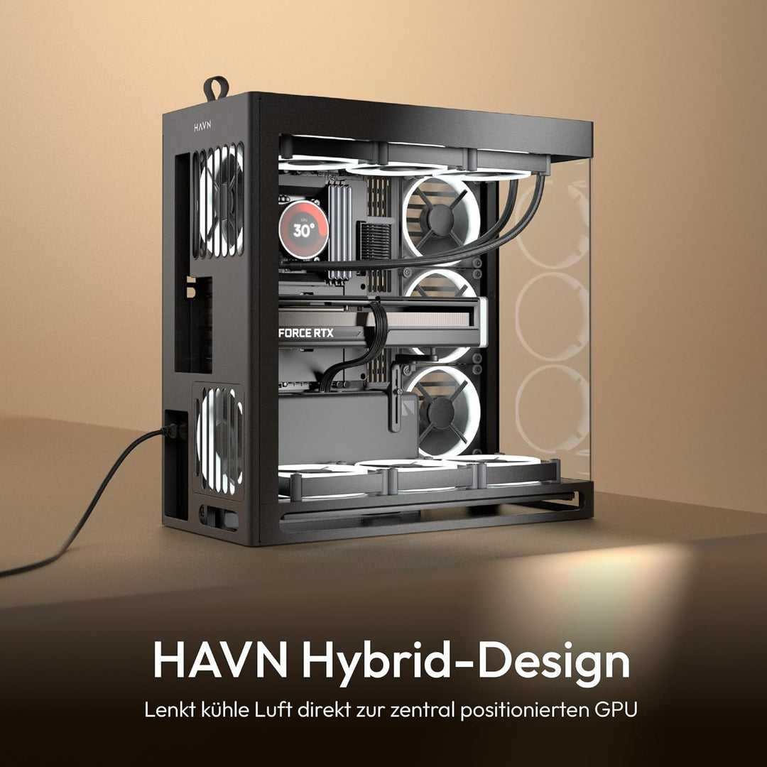 HAVN HS 420 Dual-Chamber ATX Mid Tower PC Gehäuse Schwarz | Hybrid-Design, 11x 140mm Lüfter & 3X 420