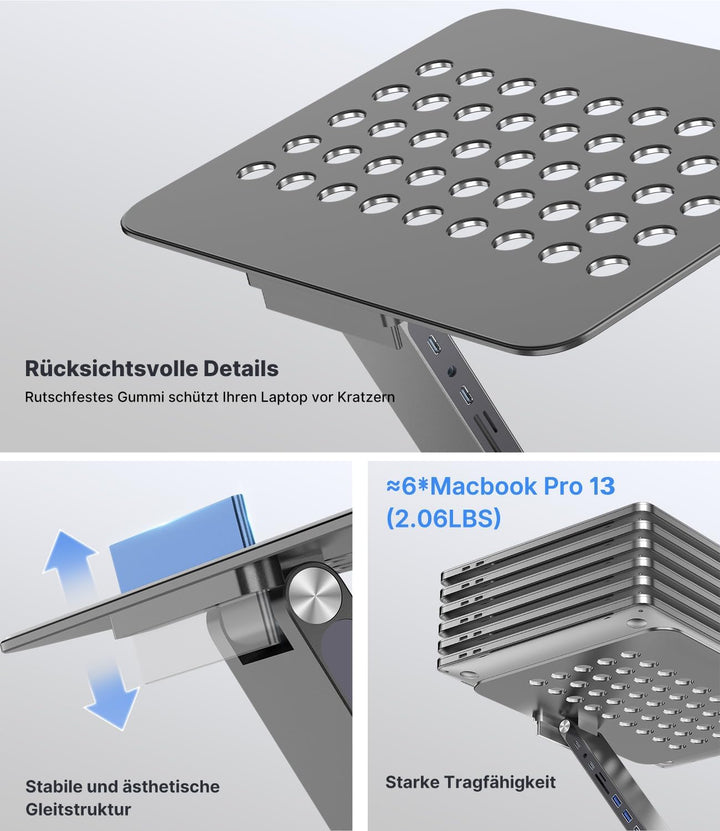 KU XIU Verstellbar Laptop Ständer mit 8-in-1 Dockingstation, Aluminium Laptop Halterung mit USB HUB
