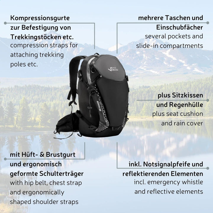 Black Crevice Wander & Bike Rucksack AORAKI 22 L I Hochwertiger Outdoor Rucksack mit Trinksystem & R