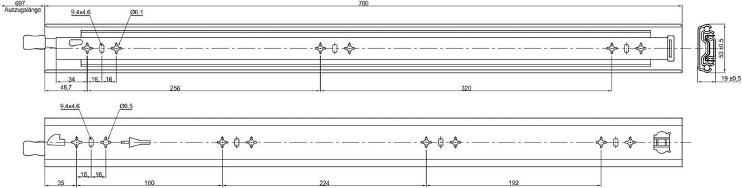 1 Paar SOTECH Schwerlastauszüge KV2-100-H53-L700-LC 700 mm mit Lock-in/out Einrastfunktion mit blaue