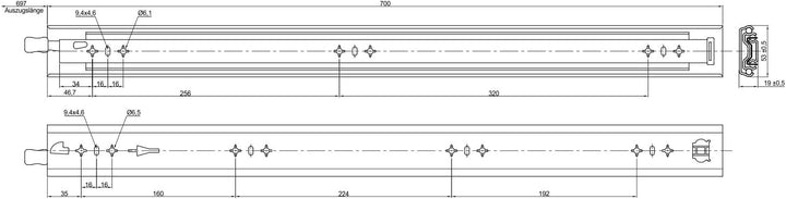 1 Paar SOTECH Schwerlastauszüge KV2-100-H53-L700-LC 700 mm mit Lock-in/out Einrastfunktion mit blaue