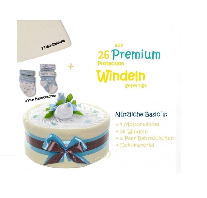 dubistda© Windeltorte CAKEBOX für Jungen blau | Geschenk für Jungs zur Geburt Babyparty Babyshower (