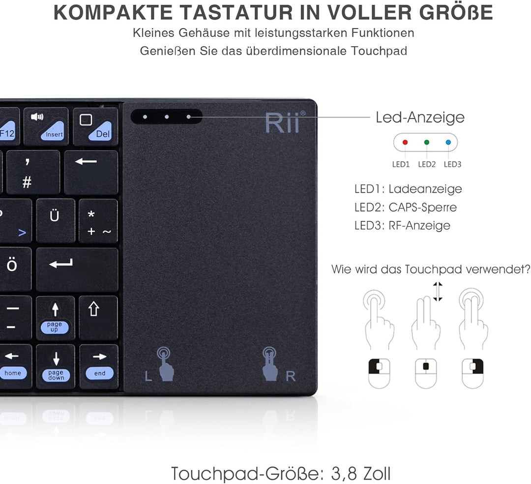 Rii 2.4G Kabellose Tastatur mit Touchpad, Wireless Keyboard, Deutsche QWERTZ-Layout, Tastatur Kabell