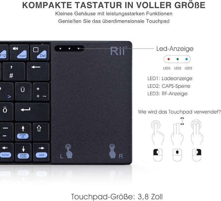 Rii 2.4G Kabellose Tastatur mit Touchpad, Wireless Keyboard, Deutsche QWERTZ-Layout, Tastatur Kabell
