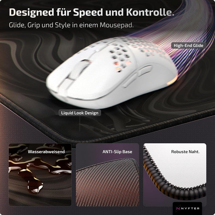 Nyfter - XXL Gaming Mauspad Liquid Design 900 x 500mm Premium Mousepad Size XXL vernähte Kanten lang
