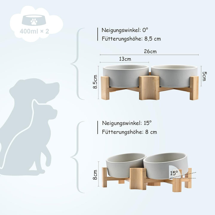 SPUNKYJUNKY 15° Kippbare Keramik Hundenapf mit Holzständer Futter und Wassernapf rutschfest für Hund