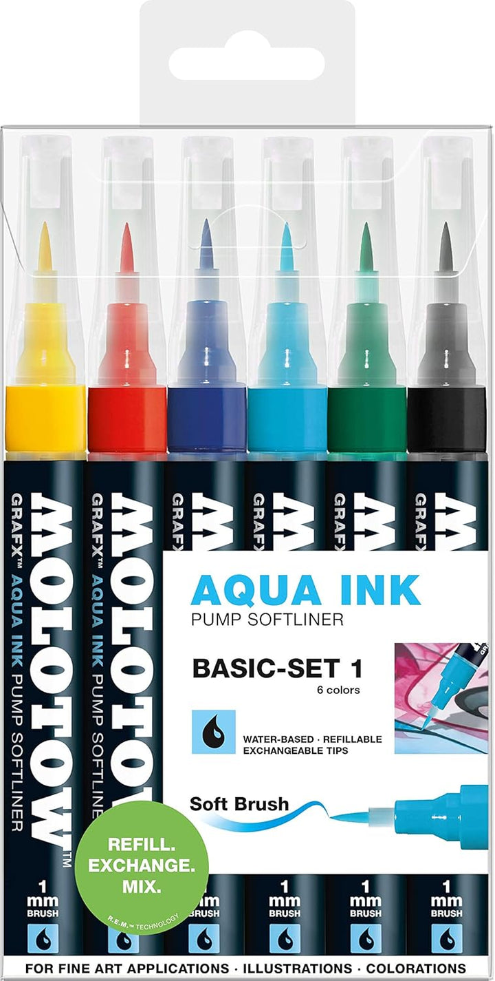 Molotow MO200462 Pump Softliner Aqua, 1 mm, sortiert 6er Etui, primärgelb/zinnoberrot/primärblau/cya