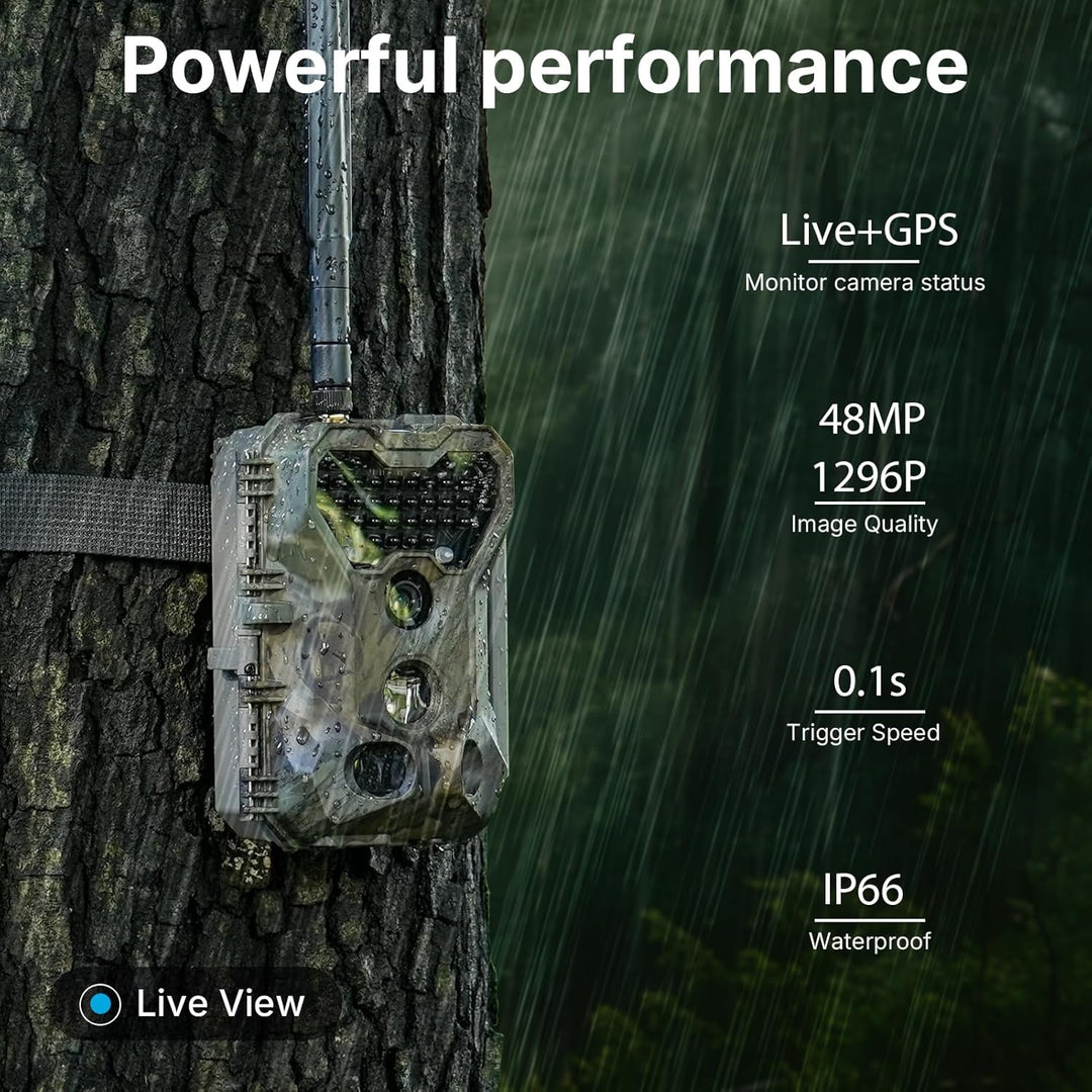 S970 4G LTE Wildkamera, 48MP 1296P, Mit Live Streaming Funktion, Nachtvision, 0.1s Bewegungsaktivier