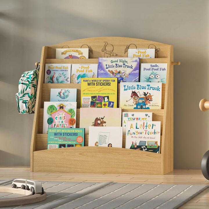 Kinder Bücherregal mit 5 offenen Fächern und Haken, Kinderregal Holz, Montessori Aufbewahrungsregal