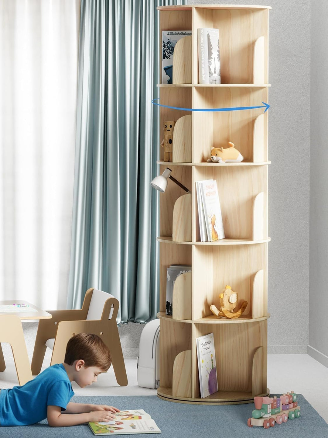 KINDAHOLZ 360° Drehbares Bücherregal Kinder - Kiefernholz Bücherregal Drehbar Kinder mit 5 verstellb