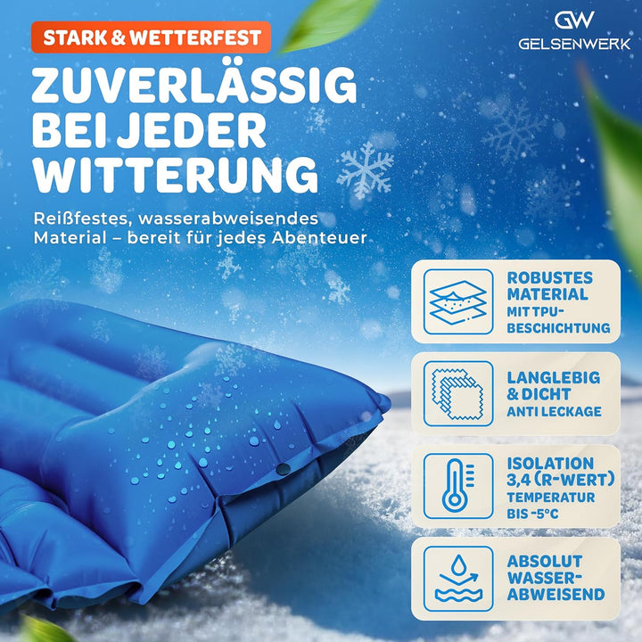 Isomatte Camping Ultraleicht 10cm & kleines Packmass - Camping Luftmatratze mit Fusspumpe & Kopfkiss